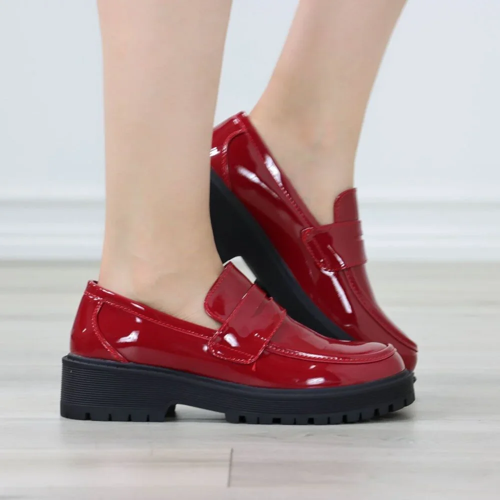 Womens Chunky Penny Loafer Lug Sole Slip On Platform Red Patent - Picture 13 of 16